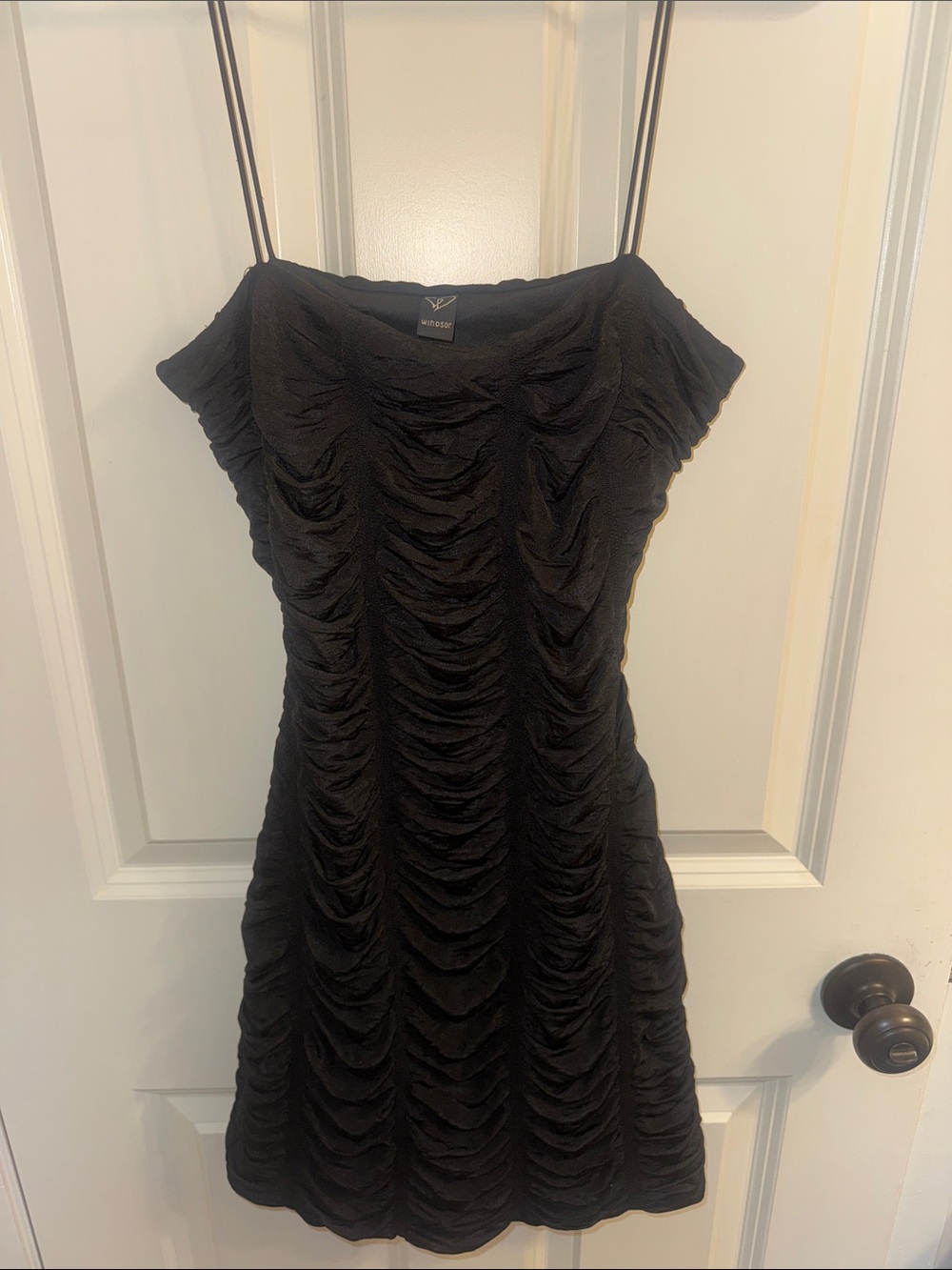 Fitted Black Ruched Mini Dress with Spaghetti Straps and Open Back